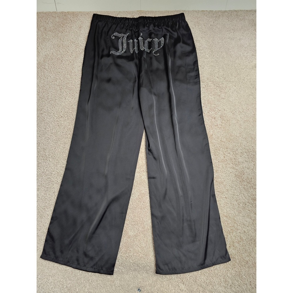Juicy Couture Black Satin Rhinestone Logo Sleepwear Lounge Pants Large 1208-118